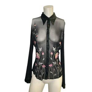 Y2K Vivienne Tam 90s Sheer Floral Embroidered Collar Cuff Shirt Black Pink